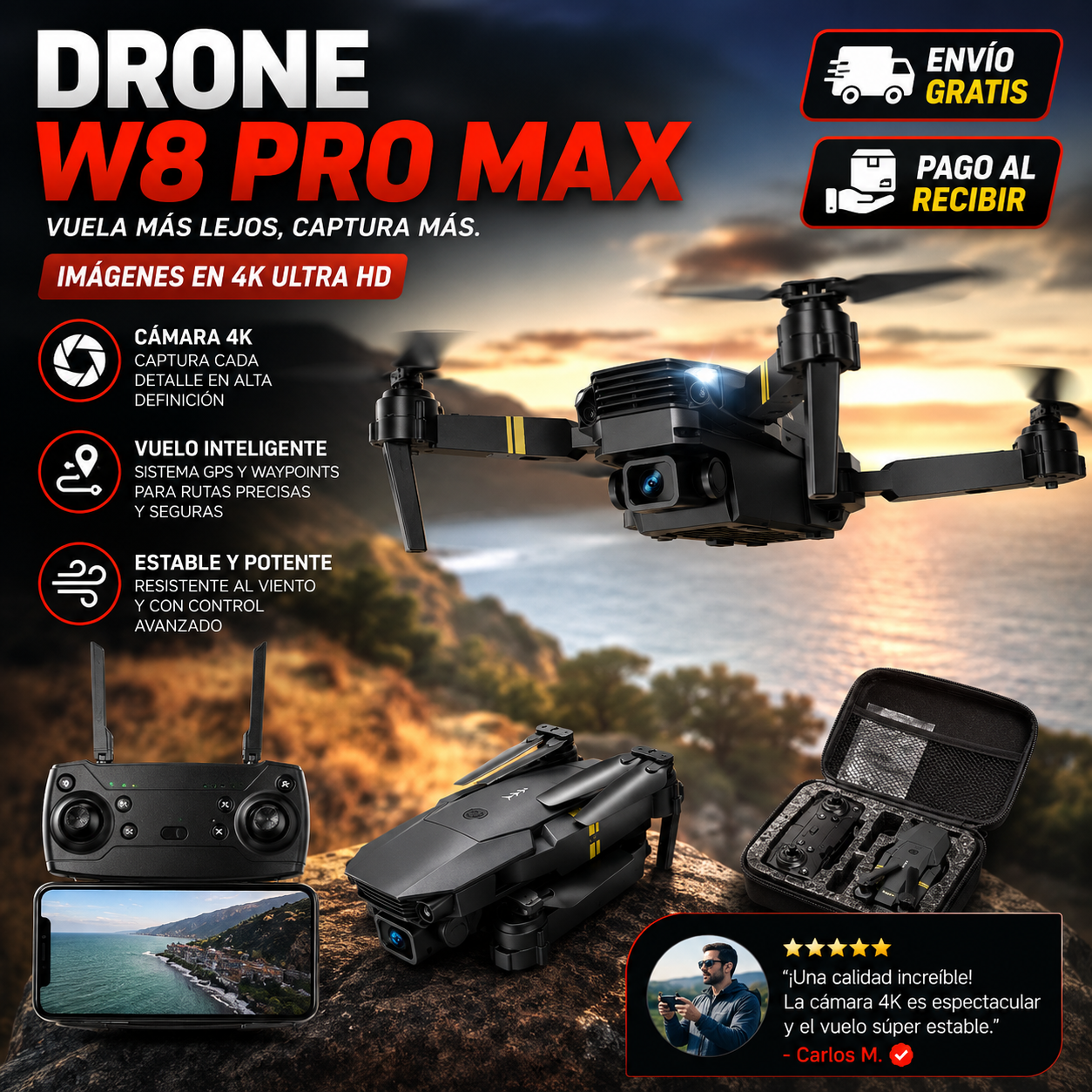 Dron con doble cámara 4K + Maletín Gratis